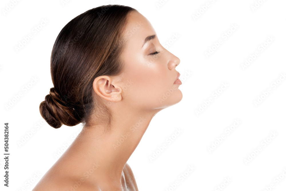 Pretty woman with long neck, isolated on white background Pretty woman with long neck, isolated on white background