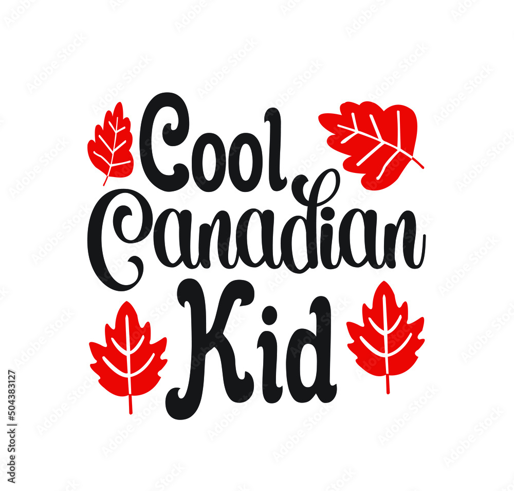 Obraz premium Happy Canada day illustration with flat symbols and hand drawn lettering, Canada day vector Illustration 1st July. Vector Illustration greeting card. Canada Maple leaves on white background