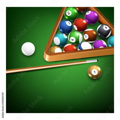 Billiard Game Creative Promotion Banner Vector. Billiard Balls In Triangle And Wooden Stick On Playing Table Surface, Tools For Play Sport Game Advertise Poster. Style Concept Template Illustration