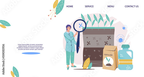 Production of soil fertilizers and additives for plant growth. Website banner for agronomy and soil science for farming, flat vector illustration.