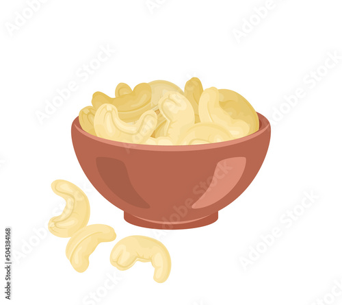 Cashew in brown bowl isolated on white. Vector flat illustration of nuts. Organic, vegan, healthy food icon.