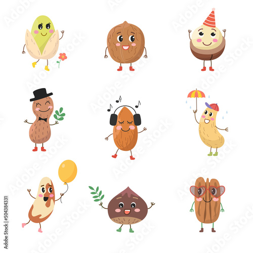 Set of cute cartoon nuts on white background.