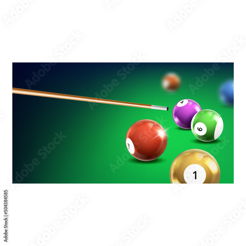 Billiard Famous Club For Enjoy Active Game Vector. Billiard Famous Club For Enjoying Sportive Activity, Shouting With Wooden Cue Balls To Pocket. Template Landing Page Realistic 3d Illustration