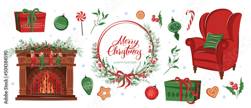 Collection of christmas winter holiday decorations. Christmas elements for design.  Fireplace with socks, stockings, gifts, plants and  decor. Vector illustration