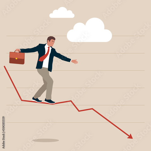 Business man with a briefcase walking on and arrow suddenly falling down because of business failure. Business loss concept