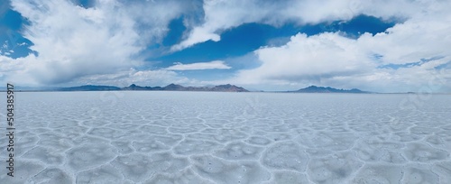 Hexagonal shape patterns in the Bonneville Salt Flats, Utah, USA. The Bonneville Salt Flats are a densely packed salt pan in Tooele County in northwestern Utah. Special Recreation Management Area.