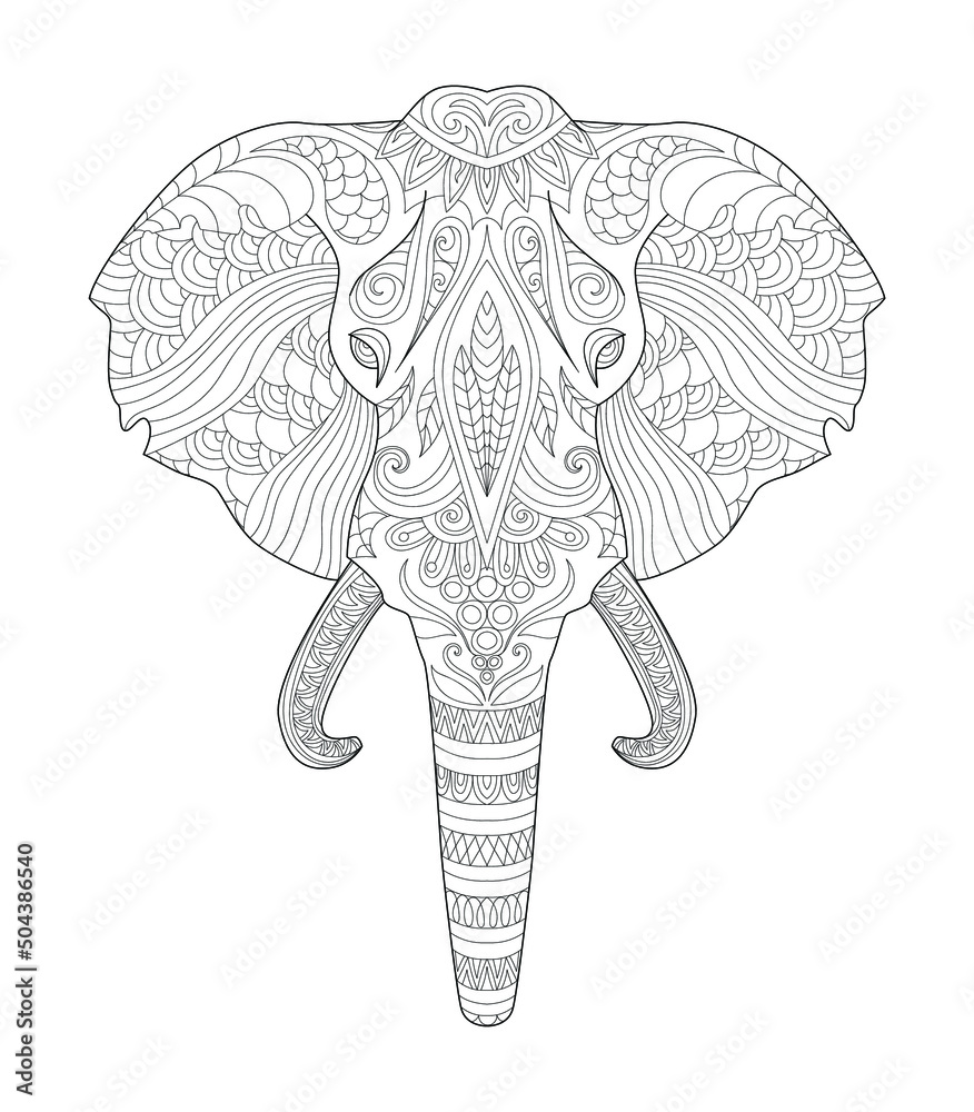 Elephant head with horns line art for children or adult coloring book ...