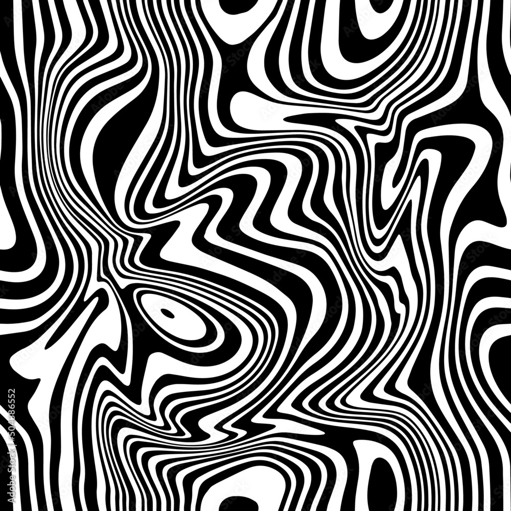Vector seamless liquid pattern. Abstract grunge texture with monochrome fluid stains. Creative background with stripes. Decorative design with distorted op art effect. Psychedelic
