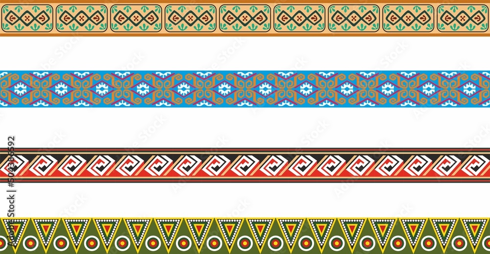 Vector set of seamless colored border ornaments. Native American tribal framework. - obrazy, fototapety, plakaty 