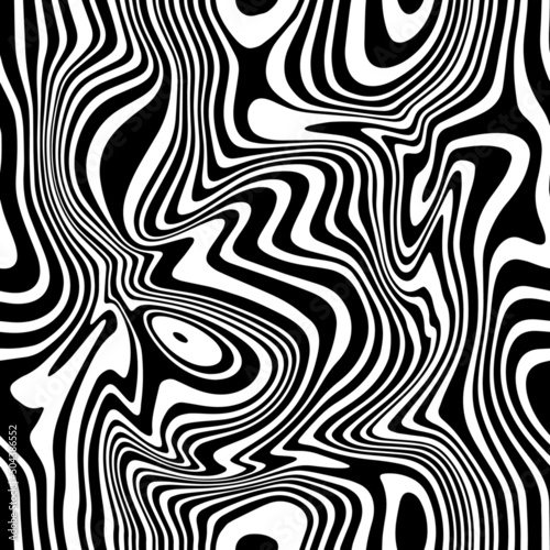 Vector seamless liquid pattern. Abstract grunge texture with monochrome fluid stains. Creative background with stripes. Decorative design with distorted op art effect. Psychedelic
