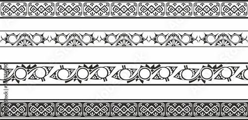 Vector set of seamless monochrome geometric Indian ornaments. Borders, frames, patterns of indigenous peoples of the Americas, Aztec, Maya, Incas.