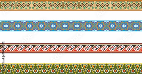 Vector set of seamless colored border ornaments. Native American tribal framework.