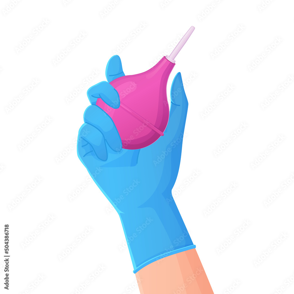 Hand in a blue glowes holding pink rubber enema or clyster. Medical cleaning body detox tool. Hand in a blue glowes holding pink rubber enema or clyster. Medical cleaning body detox tool.