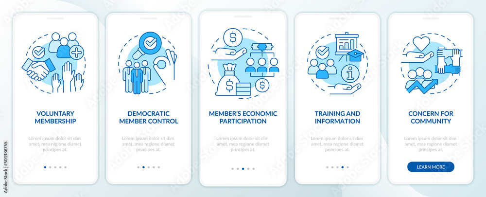 Cooperative principles blue onboarding mobile app screen. Business walkthrough 5 steps graphic instructions pages with linear concepts. UI, UX, GUI template. Myriad Pro-Bold, Regular fonts used Cooperative principles blue onboarding mobile app screen. Business walkthrough 5 steps graphic instructions pages with linear concepts. UI, UX, GUI template. Myriad Pro-Bold, Regular fonts used