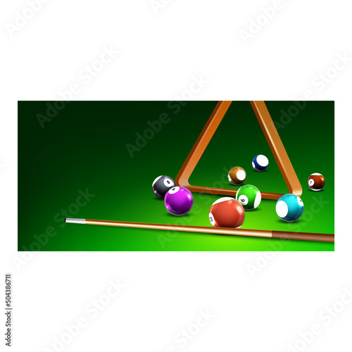 Billiards Tournament And Championship Event Vector. Billiards Tournament Player Registration, Snooker Balls, Wooden Cue And Triangle Equipment. Template Landing Page Realistic 3d Illustration