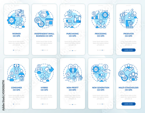 Business co-ops types blue onboarding mobile app screen set. Corporate walkthrough 5 steps graphic instructions pages with linear concepts. UI, UX, GUI template. Myriad Pro-Bold, Regular fonts used
