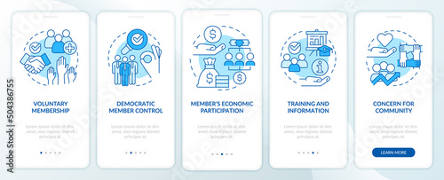 Cooperative principles blue onboarding mobile app screen. Business walkthrough 5 steps graphic instructions pages with linear concepts. UI, UX, GUI template. Myriad Pro-Bold, Regular fonts used