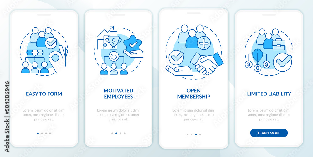 Benefits of co-ops blue onboarding mobile app screen. Partnership walkthrough 4 steps graphic instructions pages with linear concepts. UI, UX, GUI template. Myriad Pro-Bold, Regular fonts used