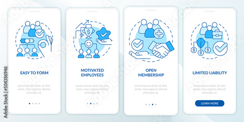 Benefits of co-ops blue onboarding mobile app screen. Partnership walkthrough 4 steps graphic instructions pages with linear concepts. UI, UX, GUI template. Myriad Pro-Bold, Regular fonts used