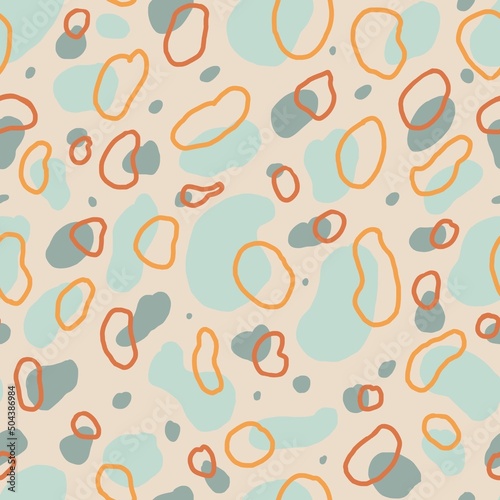 Blue orange pastel spots. Seamless background pattern. Abstraction hand drawn background illustration
