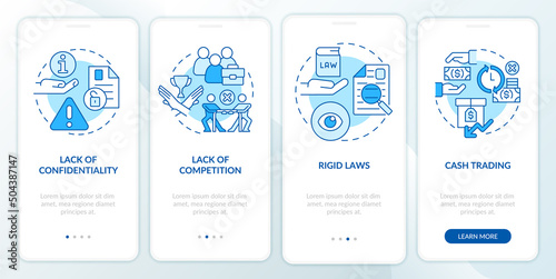 Disadvantages of co-ops blue onboarding mobile app screen. Business walkthrough 4 steps graphic instructions pages with linear concepts. UI, UX, GUI template. Myriad Pro-Bold, Regular fonts used