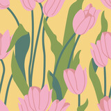 Vector illustration with tulip flowers. Floral wreath. Seamless pattern. Flowers background for cosmetics packaging.