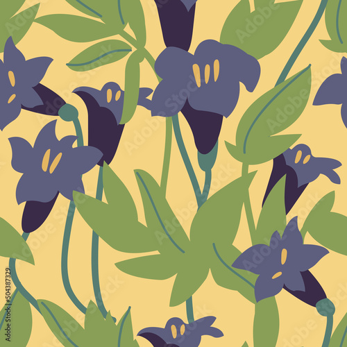 Vector illustration with bluebell flowers. Floral wreath. Seamless pattern. Flowers background for cosmetics packaging.