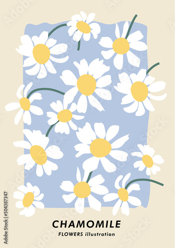 Vector illustration botanical poster with chamomile flowers. Art for postcards, wall art, banner, background.