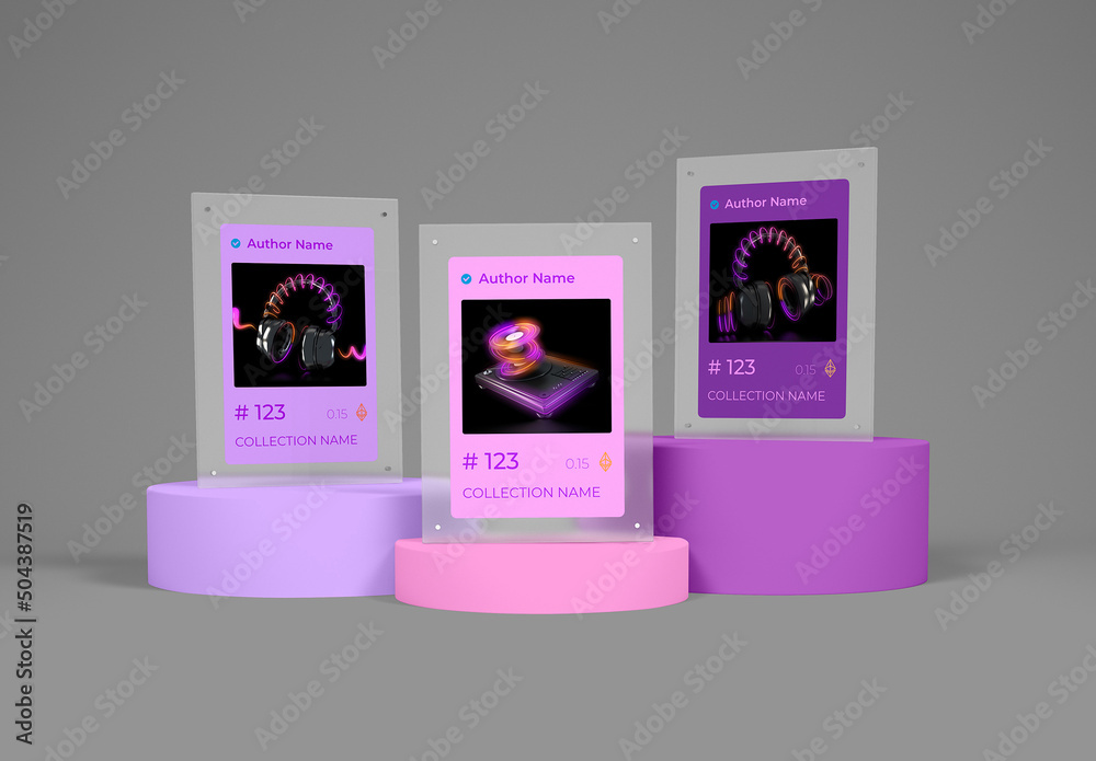 Three Transparent Frame with Nft Card Above Podiums Stock Template ...