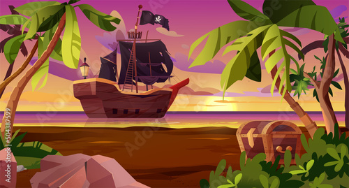 Sailing pirate ship with black flags in the sea and chest on the shore. Wooden sailboat on water.