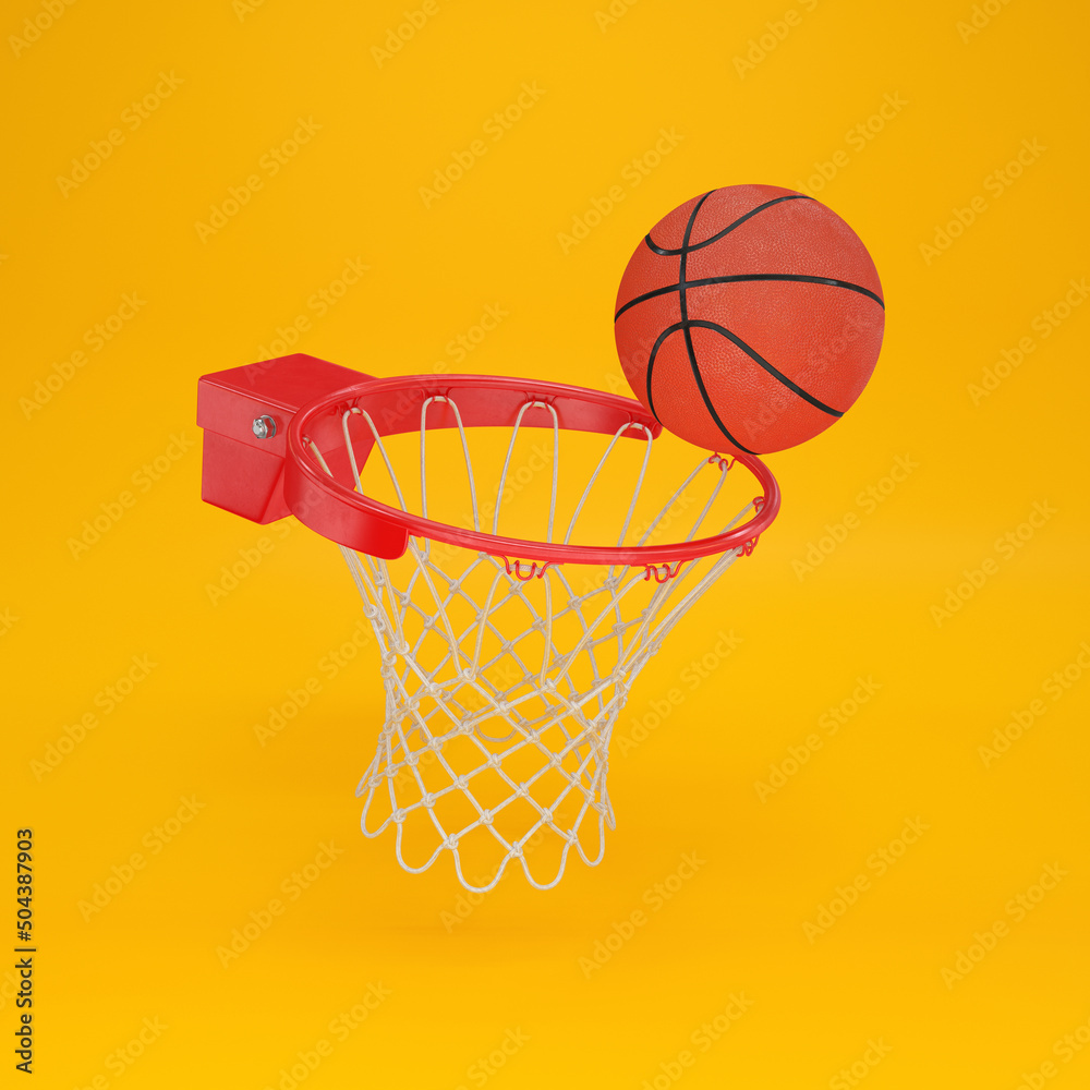 Red basketball rim with a ball floating on a yellow background, 3d render