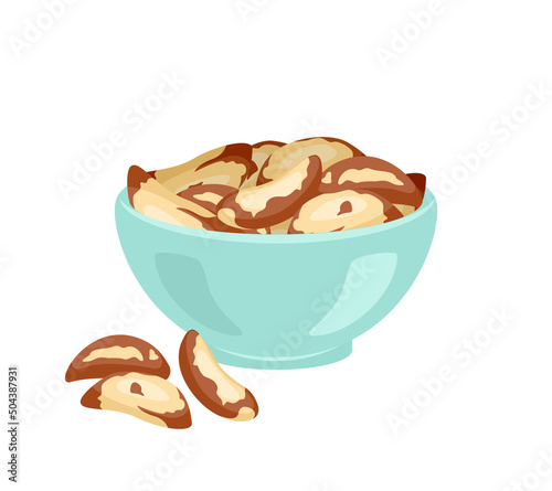 Brazil nut in blue bowl isolated on white. Vector flat illustration of nuts. Organic, vegan, healthy food icon.