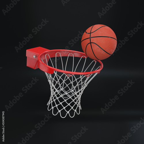 Red basketball rim with a ball floating on a black background, 3d render
