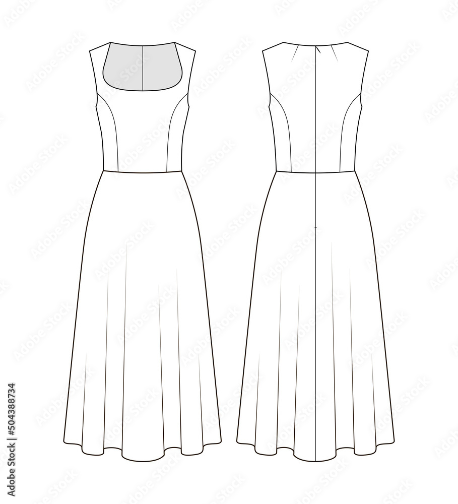 Fashion technical drawing of square neckline sleeveless dress