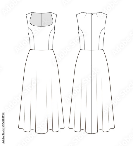Fashion technical drawing of square neckline sleeveless dress