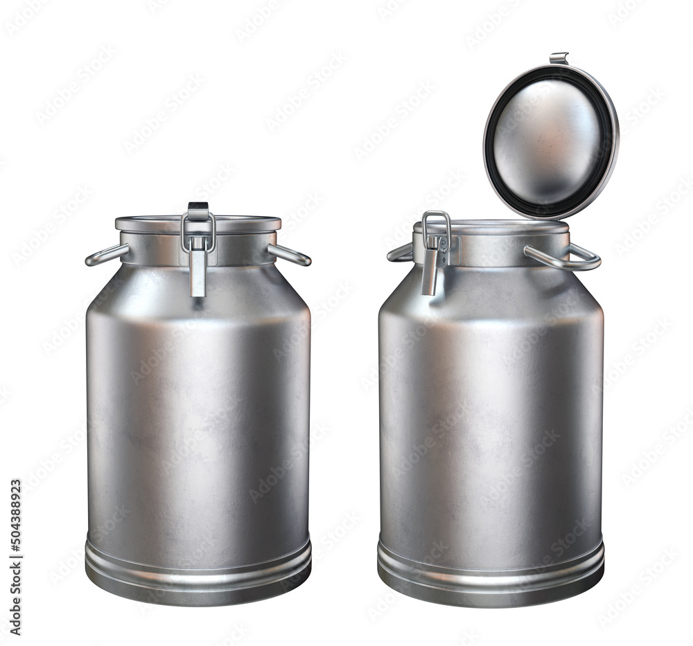 Set of milk cans open and closed on a white background, 3d render Set of milk cans open and closed on a white background, 3d render