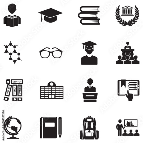 Student Icons. Black Flat Design. Vector Illustration.