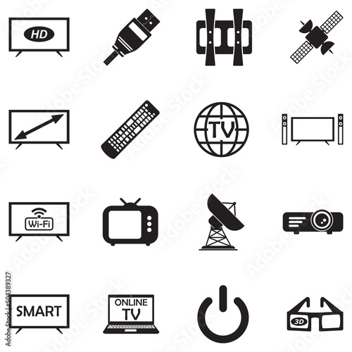 Television Icons. Black Flat Design. Vector Illustration.