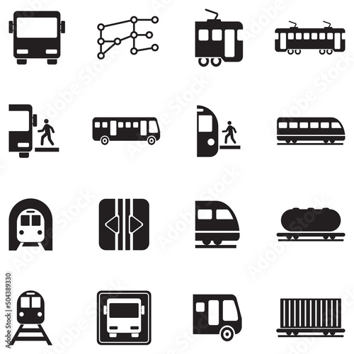 Bus And Train Icons. Black Flat Design. Vector Illustration.