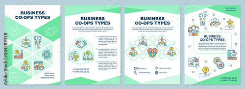 Business co-ops types green brochure template. Corporate partners. Leaflet design with linear icons. 4 vector layouts for presentation, annual reports. Arial-Black, Myriad Pro-Regular fonts used