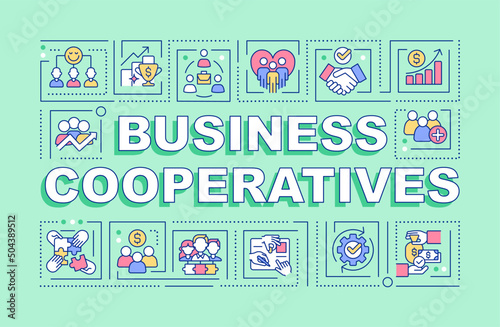Business cooperatives word concepts green banner. Company management. Infographics with icons on color background. Isolated typography. Vector illustration with text. Arial-Black font used