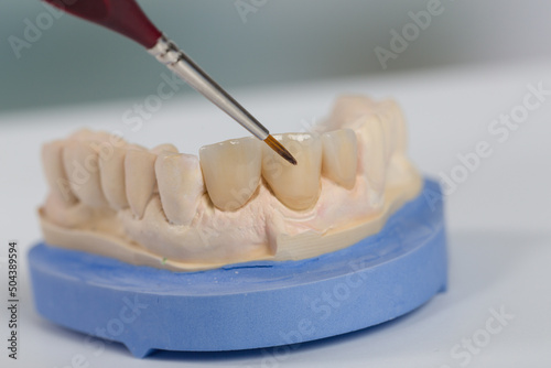 Close-up of painting work at artificial dentition with a paintbrush in a dental laboratory