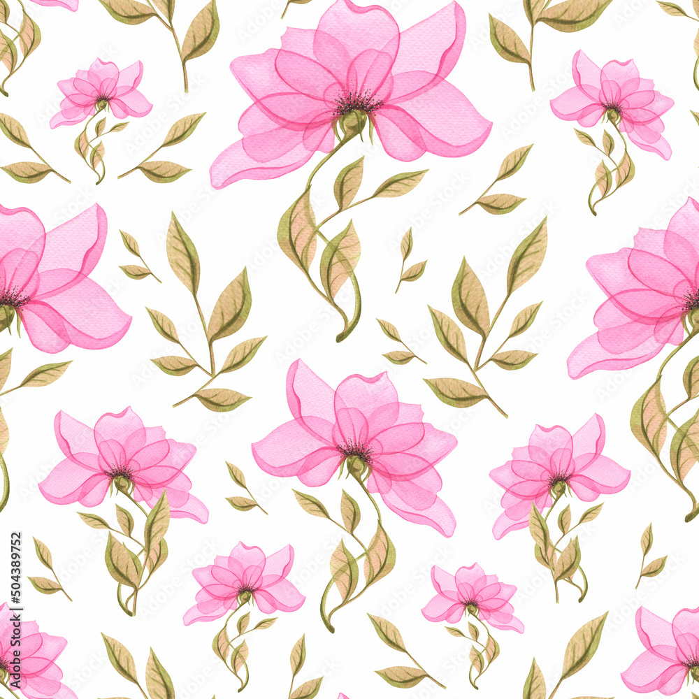Stylized flower, delicate, pink with green leaves. Seamless pattern, on a white background, spring, light, simple. Watercolor. For fabric, textiles, wallpaper, paper, scrapbooking, clothing.
