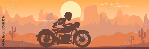 Skeleton biker ride in Arizona. Motorbike ghost rider.