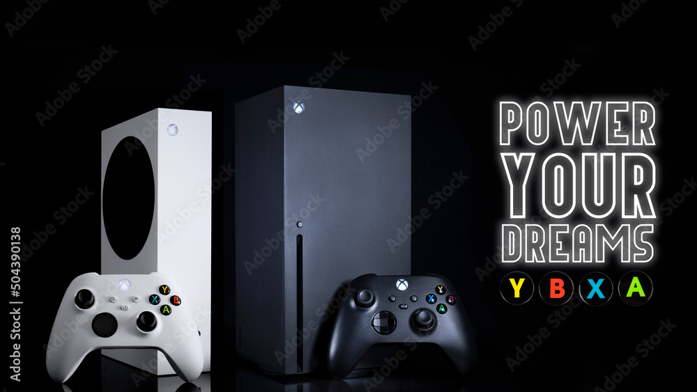 Foto Stock Xbox Series X/S with Power Your Dreams slogan and Xbox buttons  3D Illustration, 13 May, 2022, Sao Paulo, Brazil. | Adobe Stock