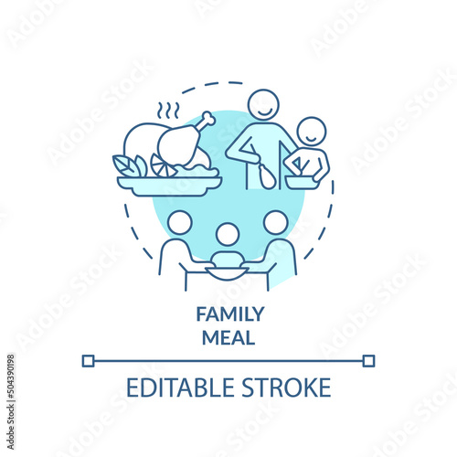Family meal turquoise concept icon. Dinner with family members. Quality time together abstract idea thin line illustration. Isolated outline drawing. Editable stroke. Arial, Myriad Pro-Bold fonts used