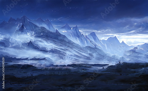 Fantastic Winter Epic Landscape of Mountains. Celtic Medieval forest. Frozen nature. Glacier in the mountains. Mystic Valley. Artwork sketch. Gaming background. Dark Canyon. Book Cover and Poster. 
