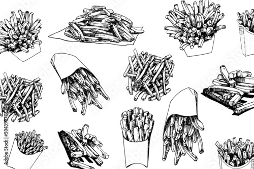 pattern french fries, stylish food cover  for fabric, postcards, wallpapers,graphical vector illustration. Fast food and menu background design