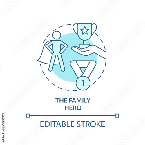 Family hero turquoise concept icon. Overachiever. Child role in dysfunctional familiy abstract idea thin line illustration. Isolated outline drawing. Editable stroke. Arial, Myriad Pro-Bold fonts used
