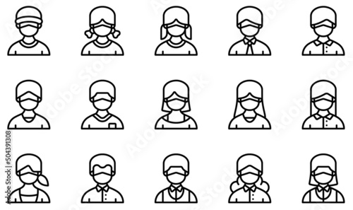 Set of Vector Icons Related to Avatars With Medical Masks. Contains such Icons as Boy, Girl, Man, 4, Old Man, Old Woman and more.